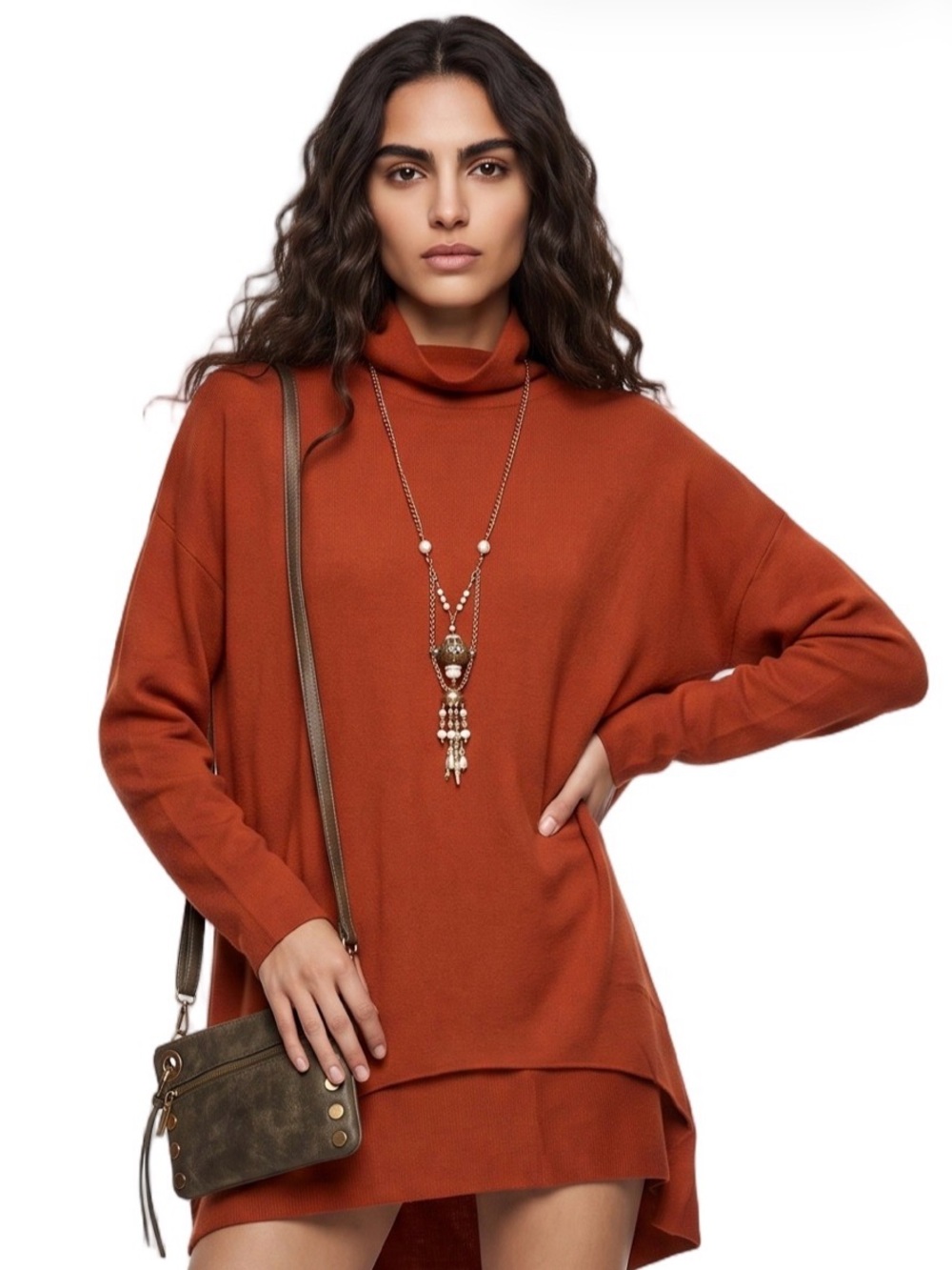 AMAZON Burnt Orange Mockneck Longsleeve knit tunic Sweater Oversized Sz M